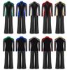 Top patinaj artistic băieți, gât în V, mânecă lungă, tiv despărțit, strasuri strălucitoare, bloc de culori metalice cu talie elastică, pantaloni cu picior drept pentru competiție