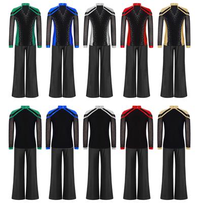 Top de patinaje artístico para niño, cuello en V, manga larga, dobladillo dividido, pedrería brillante, bloques de color metálico con cintura elástica, pantalones de pierna recta para competición