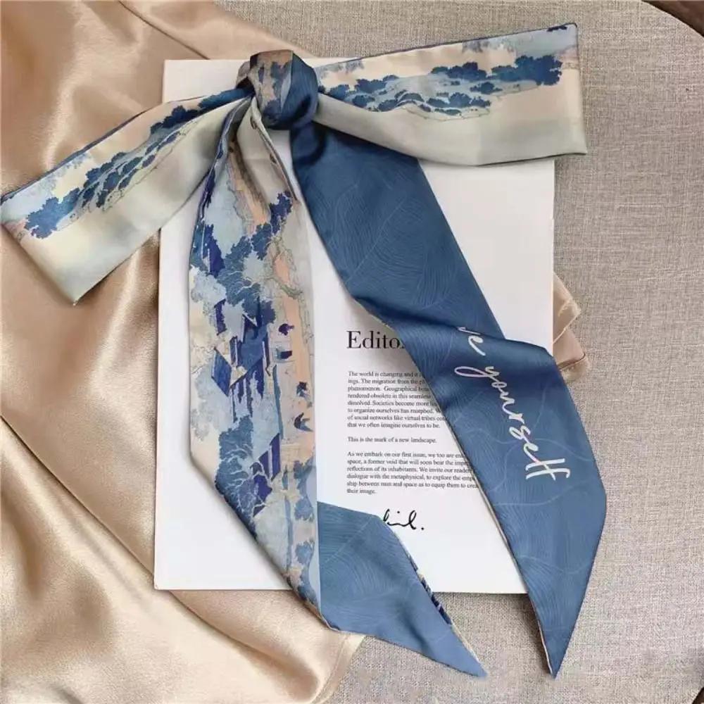 French Scarf Butterfly Tie Hair Retro Chinese Style Oil Print Hair Ribbon Scarf Neck Tie Bag Headscarf Floral Bands Headband
