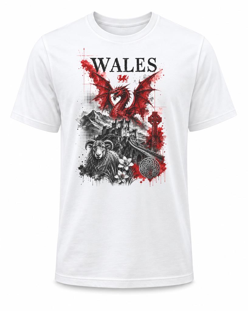 Adults Welsh Red Dragon Trash Water Colour Wales Unisex White TShirt 2XL
