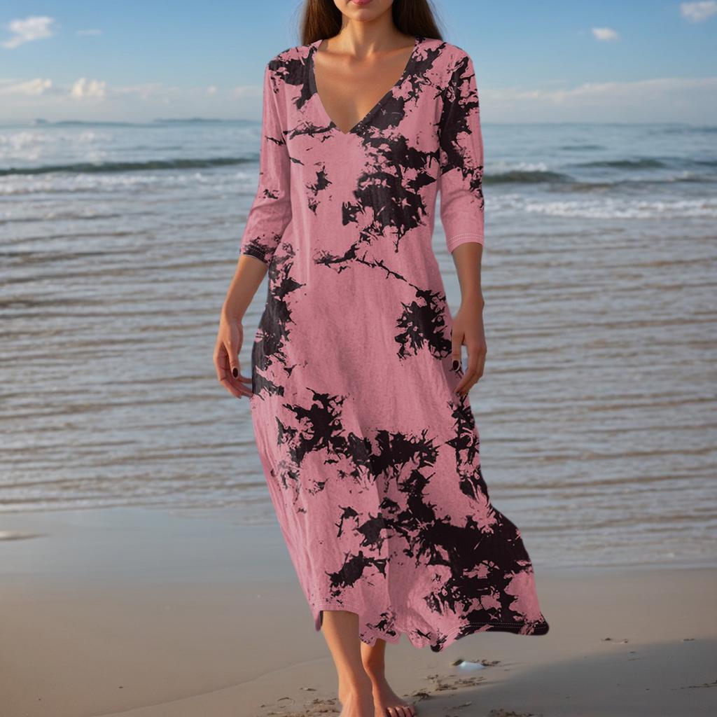 Dresses For Womens Vintage Print Tunic Waisted Midi Dress Summer Casual 3/4 Sleeve Dress