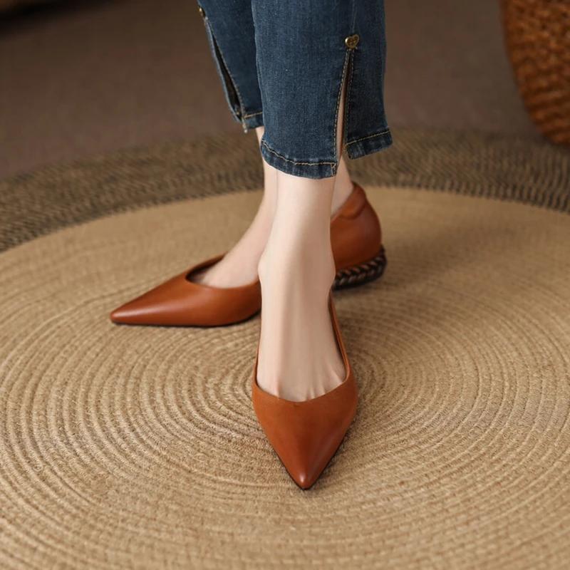 Fashion NEW Autumn/Spring Women Pumps Genuine Leather Shoes for Women Pointed Toe Low Heel Shoe Concise Slip-on Plus Size Handmade Shoes