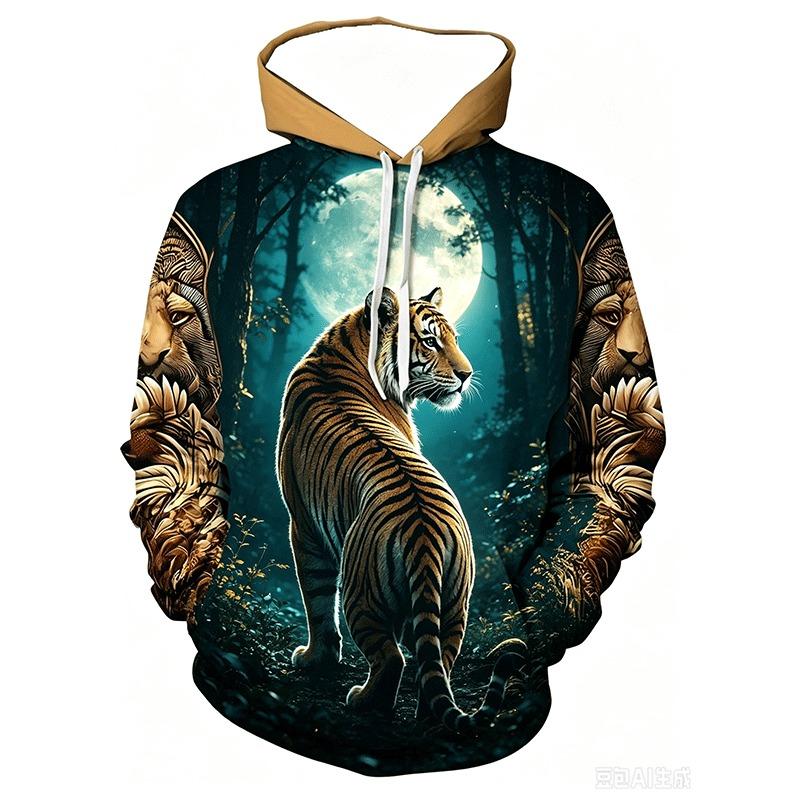 Casual Long Sleeve Hoodie for Men Featuring a 3D Design of a Sacred Lion And a Young Lion, Complete with a Pocket. Spring and Autumn
