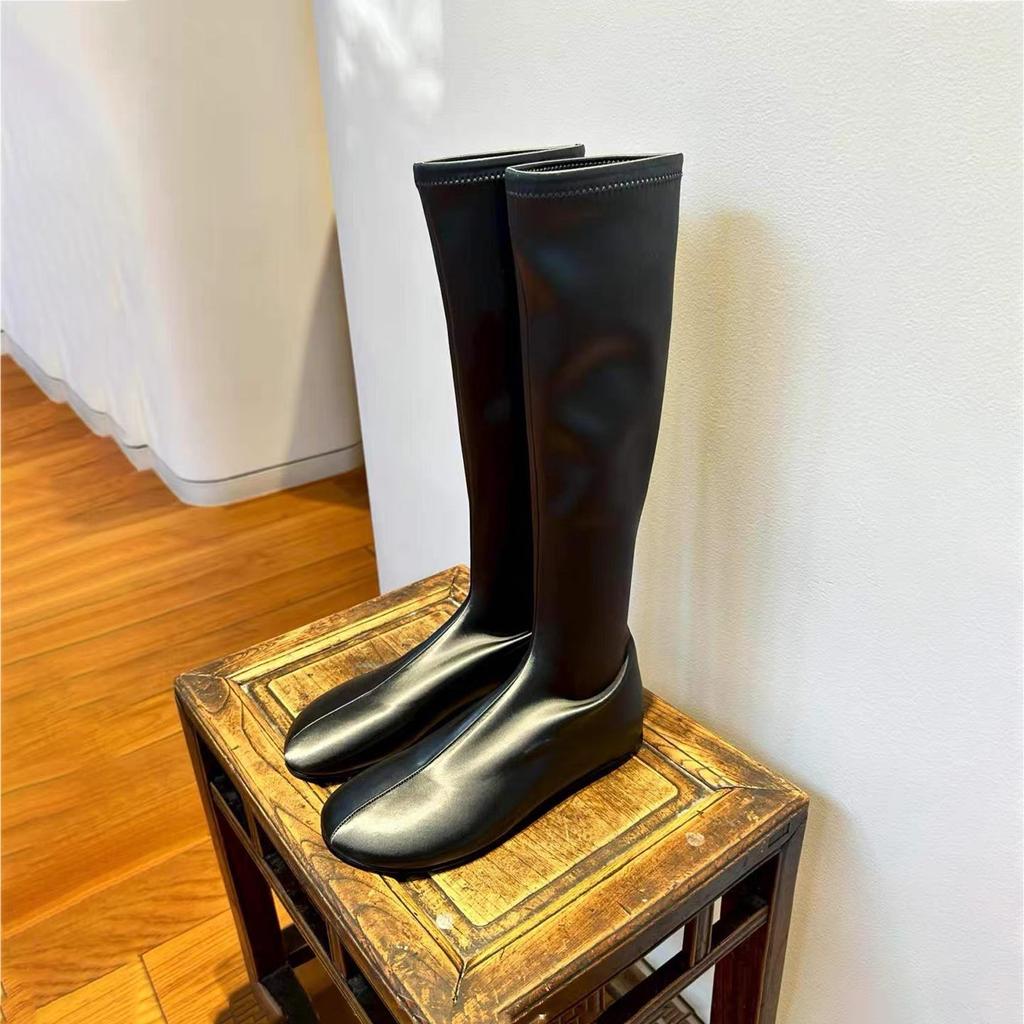 2025 autumn new Korean version round head elastic thin boots retro thin inner height increase knight high boots women