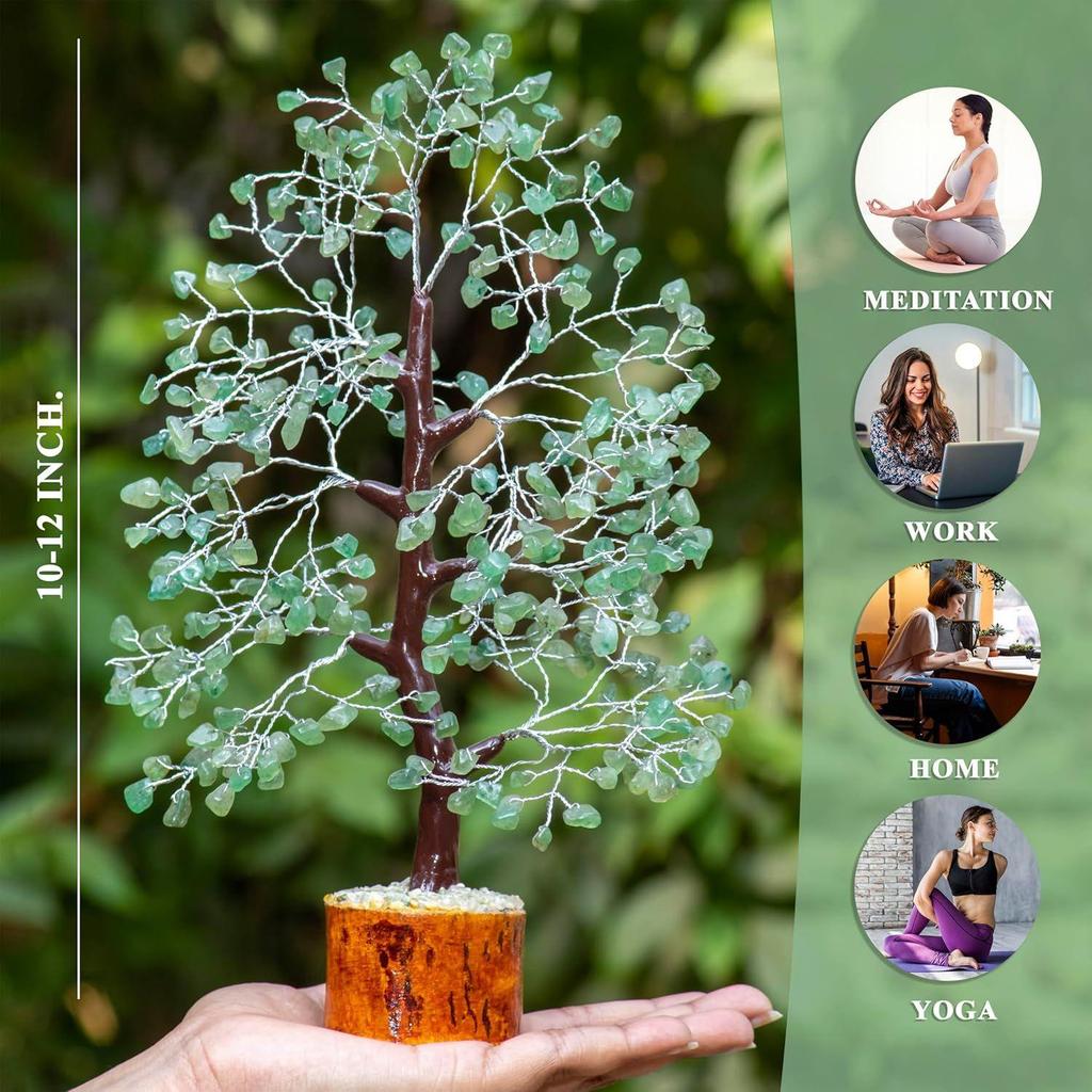 Green Jade Crystal Tree Good Luck Showpiece for Home Decor Items Crystals Gemstones Bonsai Money for Good Luck, Decoration Silver Wire, 10-12 Inch