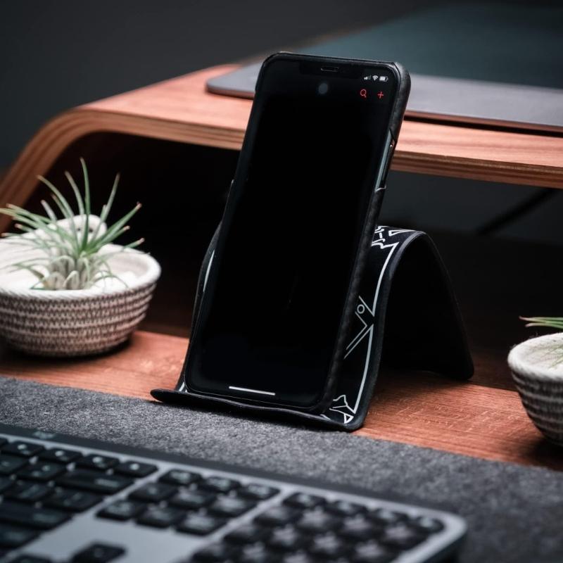 Portable Phone and Tablet Stand with Fold-Flat Design, Adjustable Desk Viewing Support in PU and Metal for Travel Use