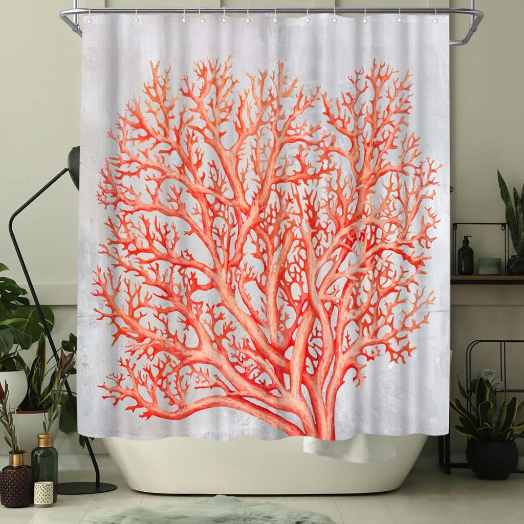 Nautical Shower Curtain Coastal Coral Bathroom Decoration Polyester Fabric Shower Curtain Orange and Grey 180x180cm