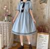 Hanmall Women's Blue Short Sleeve Sailor Dress with Square Collar and Tie, Solid Color, LON146