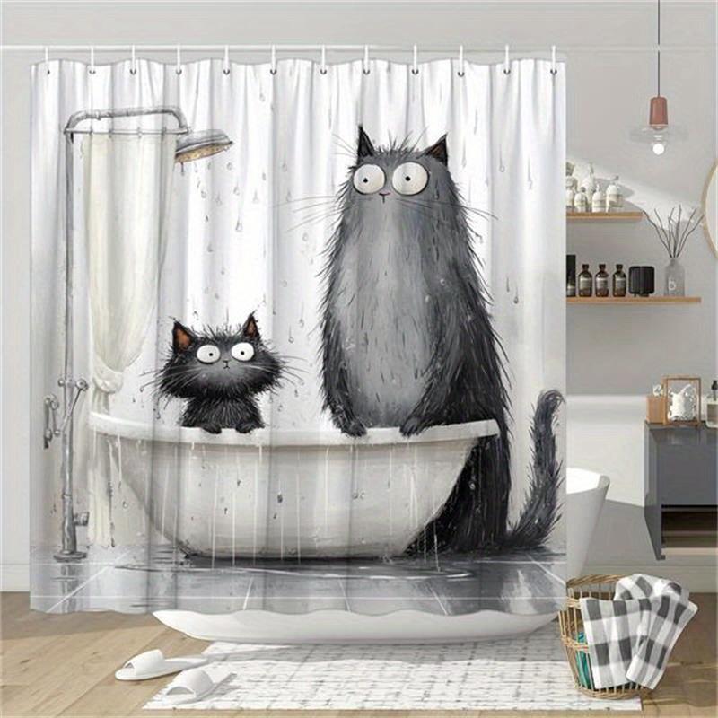 1pc Adorable Cartoon Cat Shower Curtain - Cute Funny Animal Print,   Easy-Care Washable Fabric, Bathroom Shower Curtain