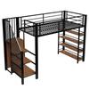 Loft Bed 90*200, with Safety Staircase, Storage Space and Small Wardrobe, Shelves, High Fence Design, Youth Bed, Black (Old SKU for LDB00162AAB)