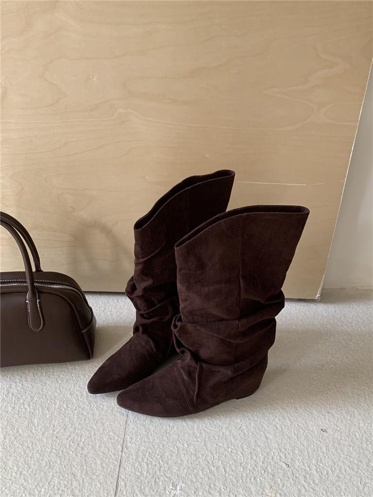 Inner Heightening Suede Pleated Stacking Boots Women's 2025 Autumn and Winter New Pointed Western Cowboy Boots Lapel Mid Boots Women