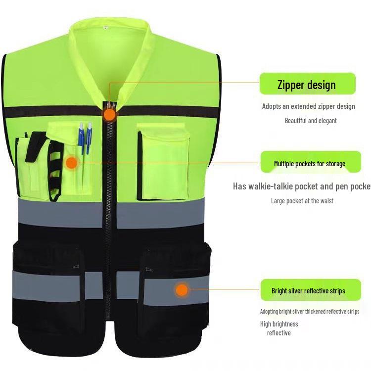 Multi-Pocket Fluorescent Reflective Vest for Construction and Riding