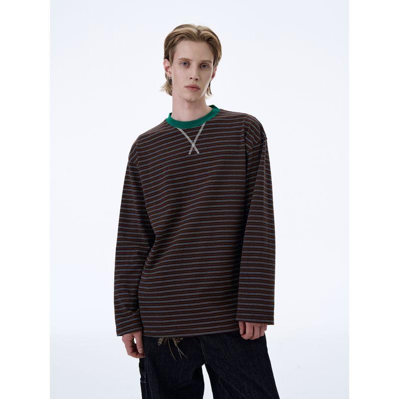 Kisko American Retro Classic Striped Color-Blocked Loose Long-Sleeve T-Shirt for Men and Women, High-End Casual Sports Style Top