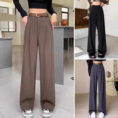 Women Long Pants Button Zipper Fly High Waist Office Lady Trousers with Pockets Solid Color Straight Wide Leg Suit Pants