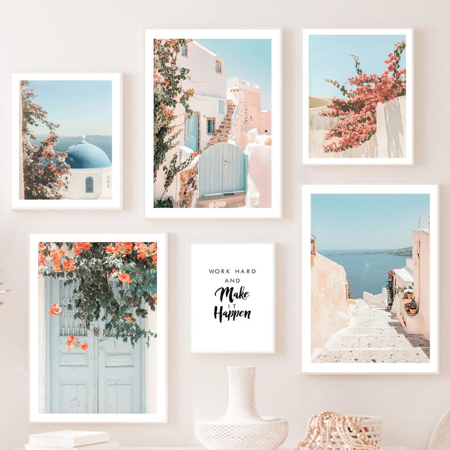 נוף ים כחול תכלת טירת סנטוריני אמנות קיר ציור קנבס פוסטרים והדפסים נורדיים תמונות קיר לעיצוב הסלון