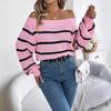 Autumn Winter Casual Striped Off-Shoulder Lantern Sleeve Pullover Sweater Women's Clothing