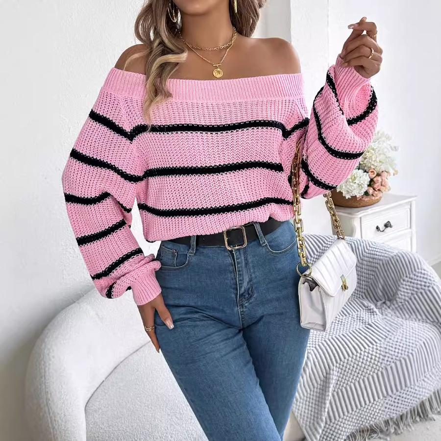 Autumn Winter Casual Striped Off-Shoulder Lantern Sleeve Pullover Sweater Women's Clothing