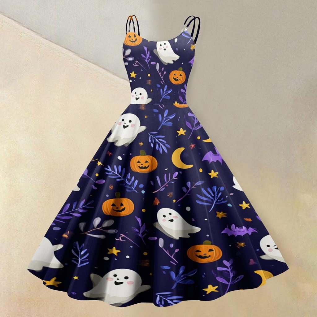 Women's Sleeveless Casual Dress Halloween Print Round Neck Vintage Style Swing Dress with Adjustable Straps for Everyday Wear