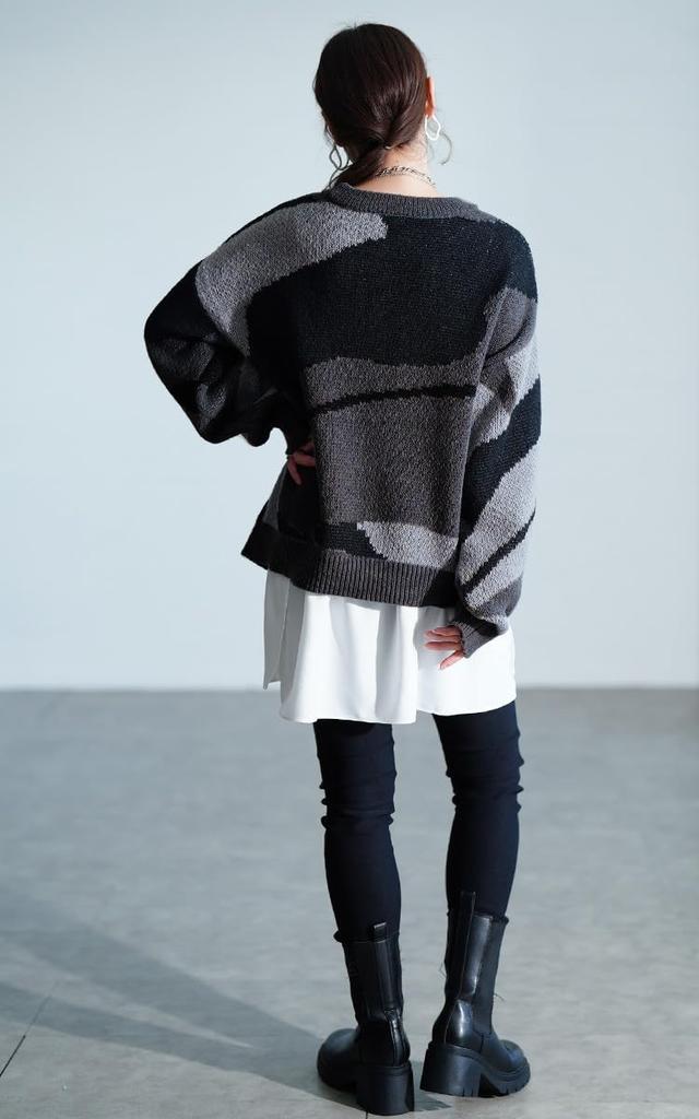 Gold Japan Plus Size Knit Pullover Long Marble Drop Voluminous Size Black Women's Top, Sleeve, Print, Shoulder, Sleeves, Fall/Winter/Spring, sum-0020,