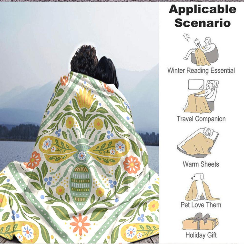 1pc Floral Bee Lightweight Flannel Blanket, Comfortable and Warm Blanket, for Office and Camping Sofa Bed139