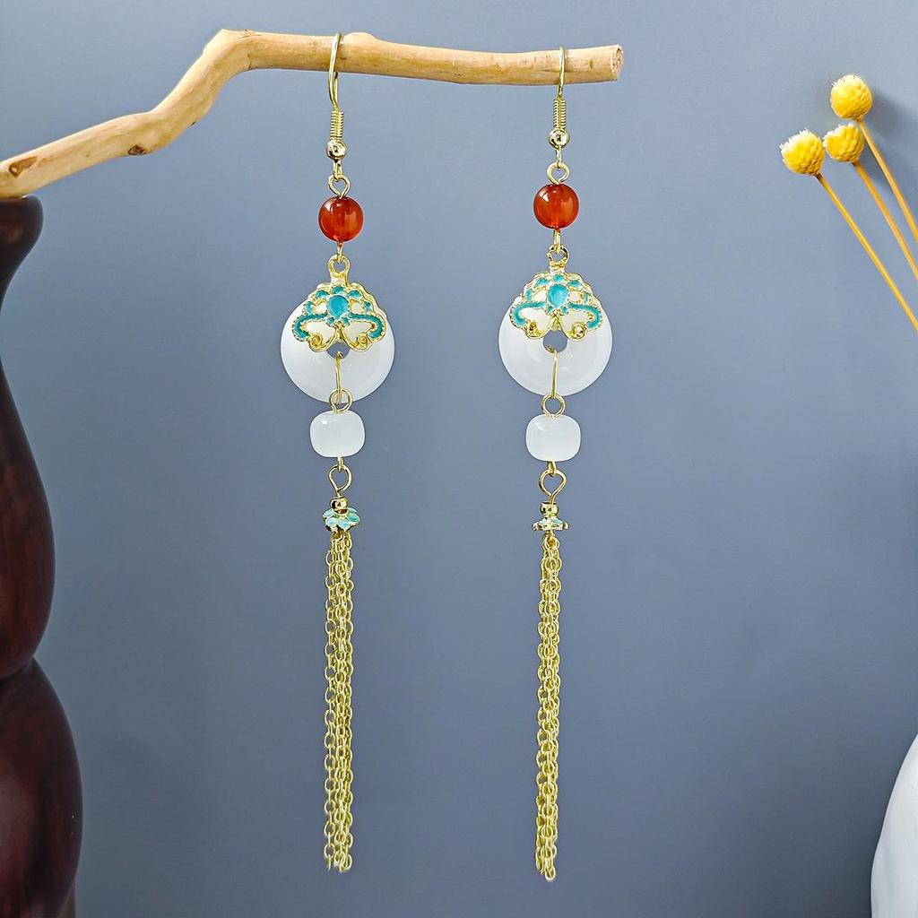 Ancient Chinese Style Beaded Tassel Earrings with Flower Fan and Bowknot