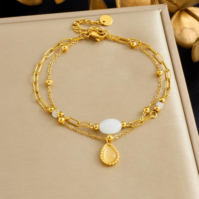 Gold Plated Stainless Steel Double Layer Cat Eye Teardrop Charm Bracelet for Women золотой