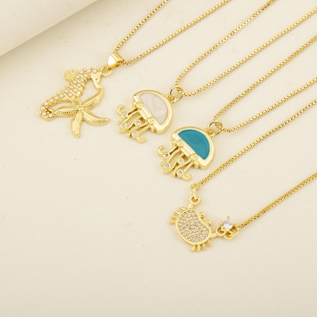 Nidin New Fashion Seahorse/Starfish/Jellyfish/Crab Inlaid Zircon Beach Charms Pendant Necklace For Women Men Jewelry Wholesale