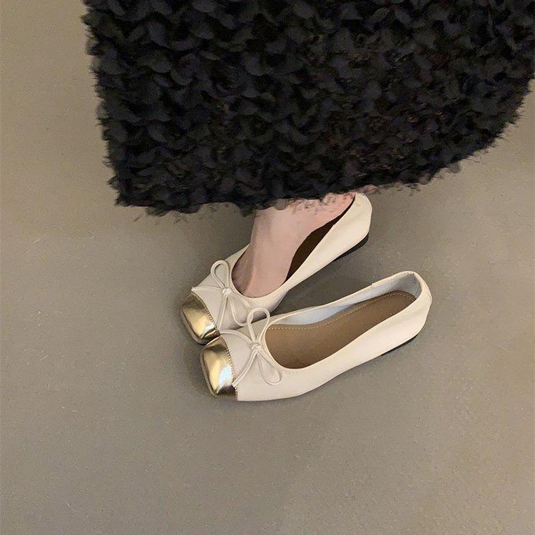Flat-bottomed French Square-headed Fairy Single Shoe Woman 2025 Autumn New Bow Splicing Versatile Soft-soled Beanie Shoe Woman