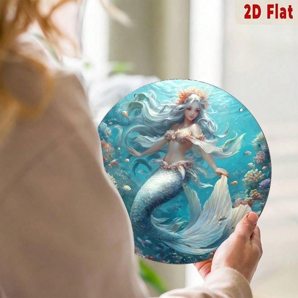 Vintage Mermaid Aluminum Sign, Round Coral Reef Wall Decor, Undersea Metal Plaque
