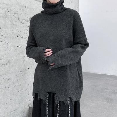 Autumn Winter Vintage Distressed Turtleneck Ripped Raw Edge Sweater Lazy Irregular Solid Color Loose Knit Sweaters