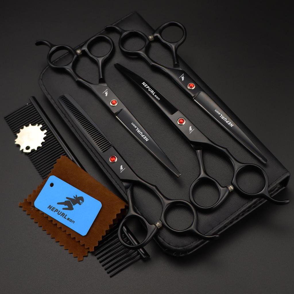 7.0" Black Grooming Scissors Set: 4-Piece Straight Shears with Comb