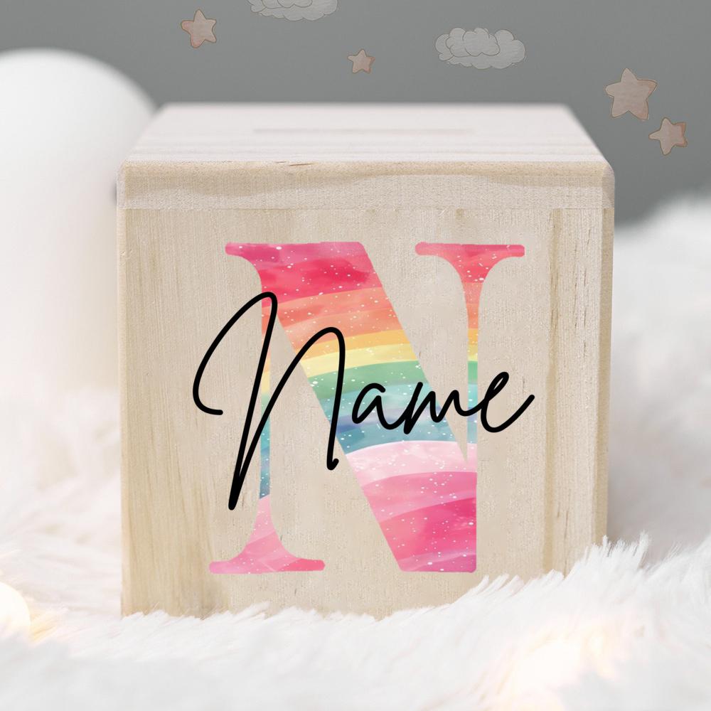 Personalized Money Box Kids Money Boxes Rainbow Letter with Name Coin Collection Box Wooded Coin Bank Child Birthday Shower Gift