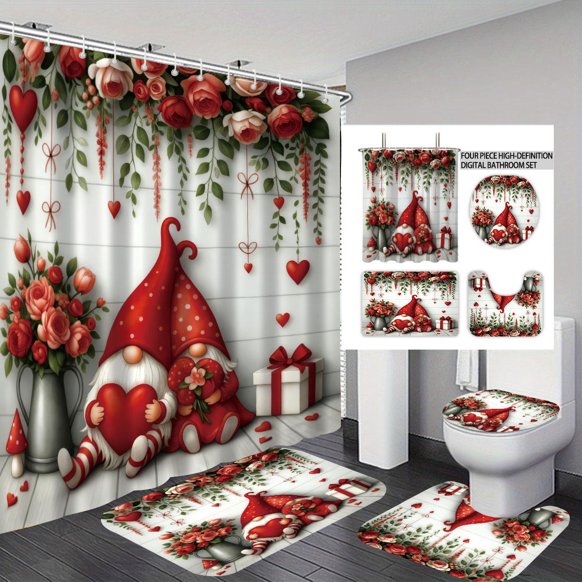 4pcs Valentine s Day Pink Romantic Love Gnome Print Bathroom Set 180x180 Waterproof Shower Curtain Floor Mat U-shaped Toilet Mat Regular