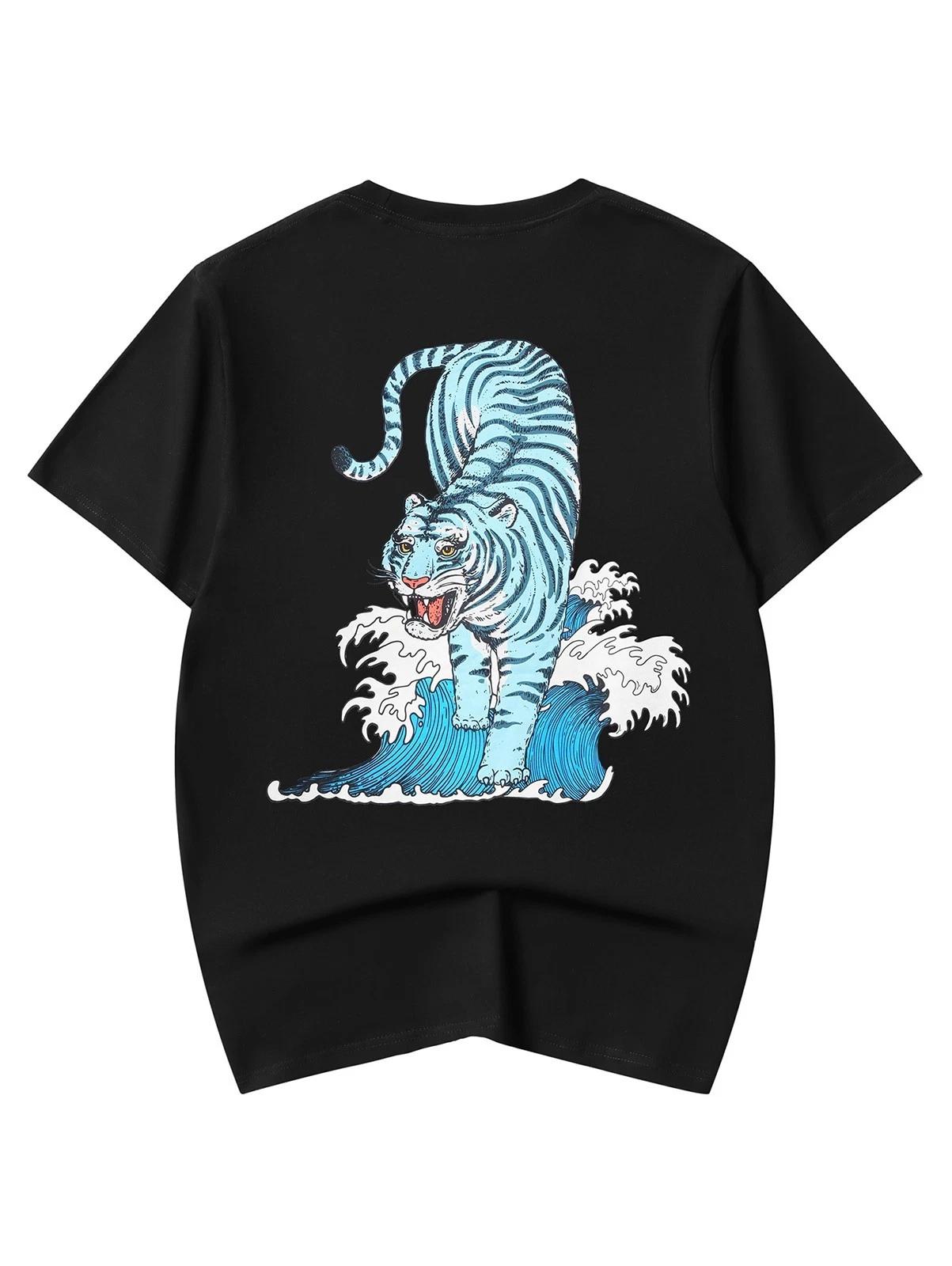 Niepce Men s Blue Tiger Ocean Graphic Tee Japanese Streetwear T-Shirt M