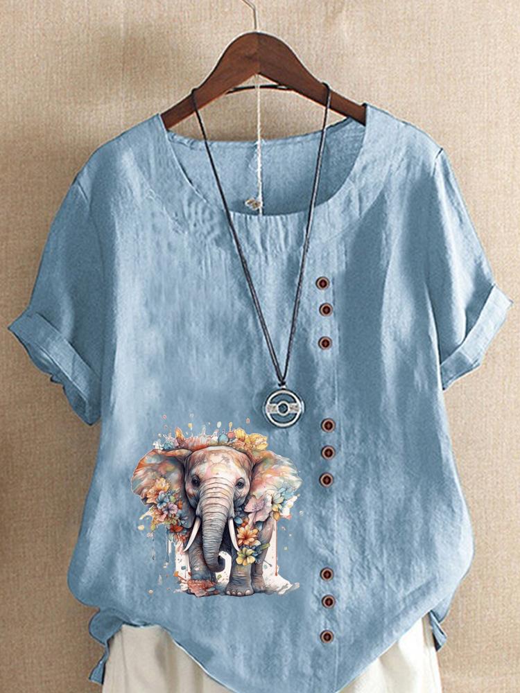 Women's Fashion Elephant Print Casual Cotton Linen Short Sleeve Round Neck T-shirt Shirt Leisure Loose Summer Blouse Tops