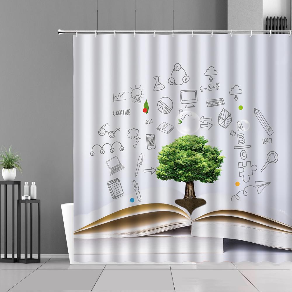Library Old Wooden Booksheld Shower Curtain Magic Book Design Bath Curtain Study Room Temple Decoration Bathroom Decor Screens