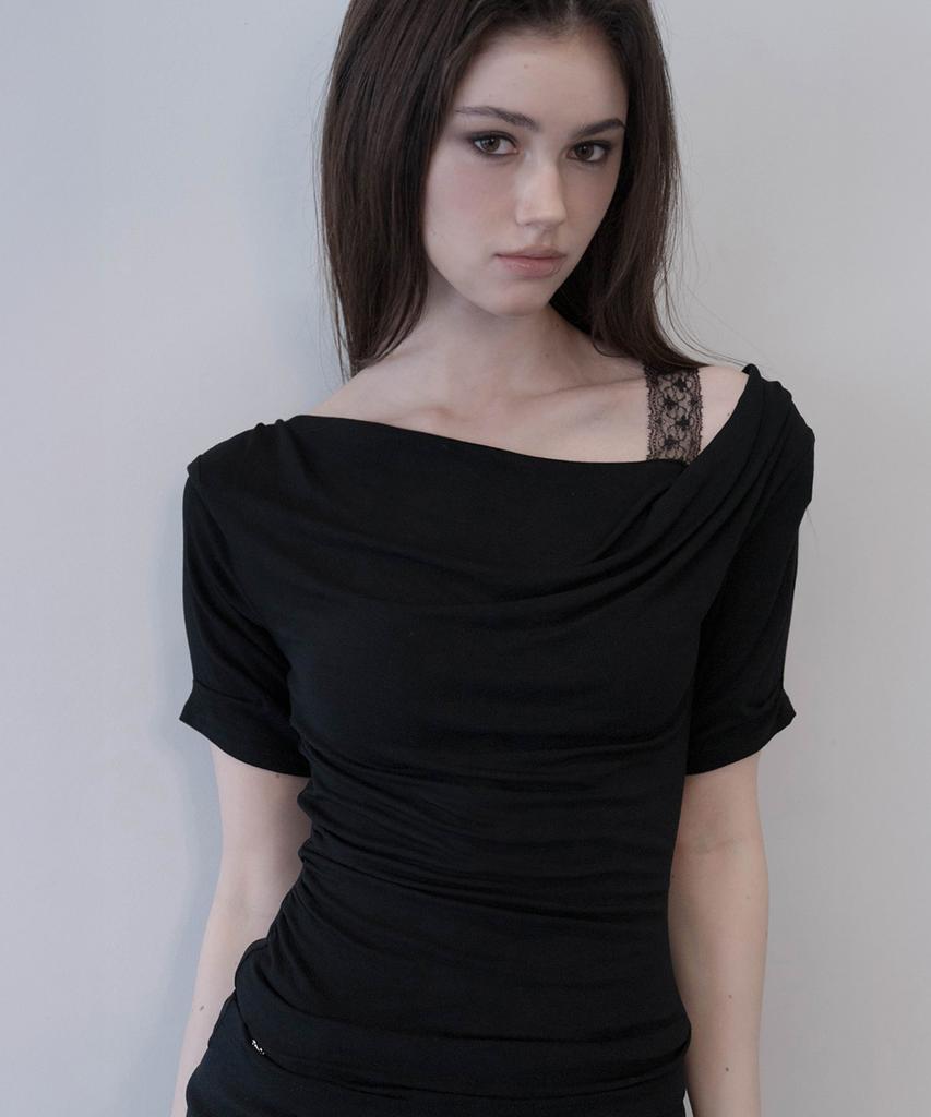 Demio Draped Lace-Trim Top (Black)