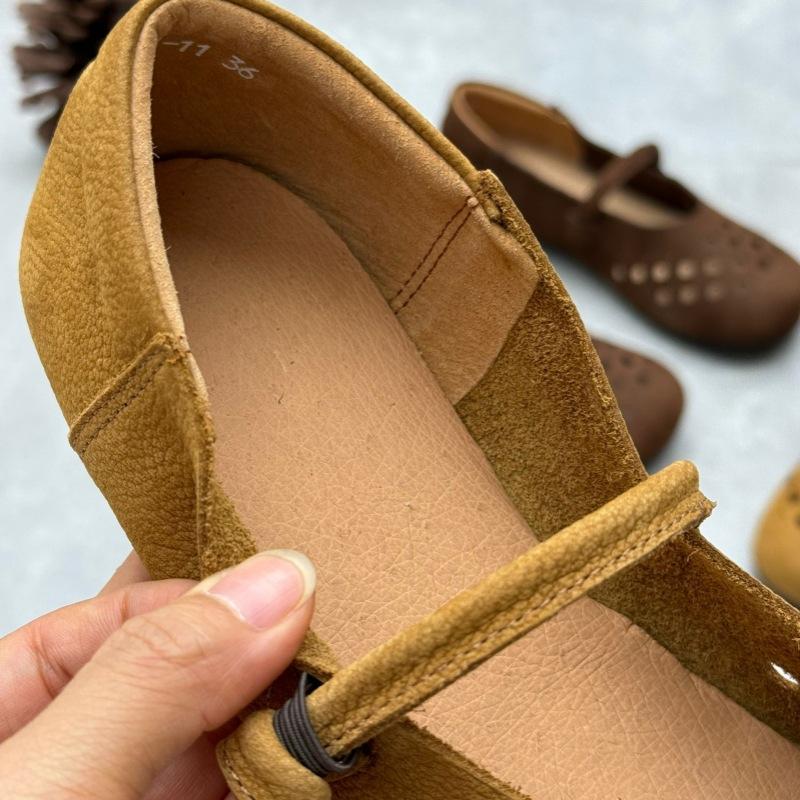 Johnature Handmade Genuine Leather Hollowed Out Women's Flat Shoes Retro Round Toe Soft Cowhide Sandals