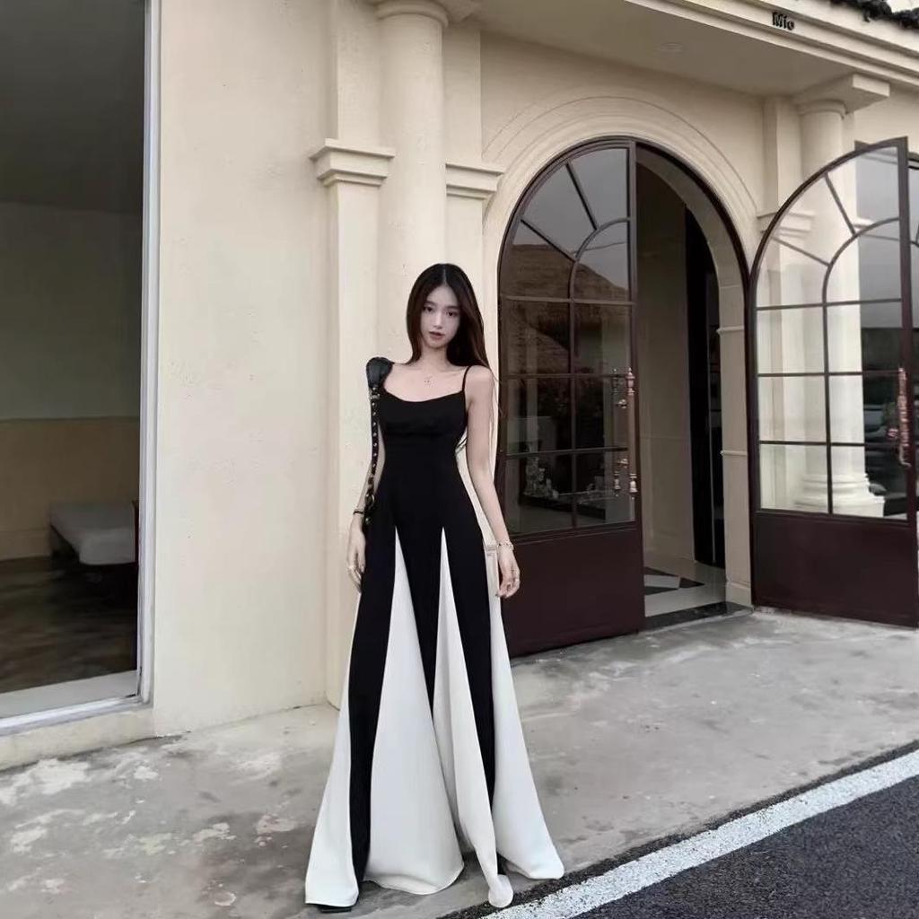 Women's Summer French Patchwork Color Block Spaghetti Strap Waist-Cinching A-Line Floor-Length Dress