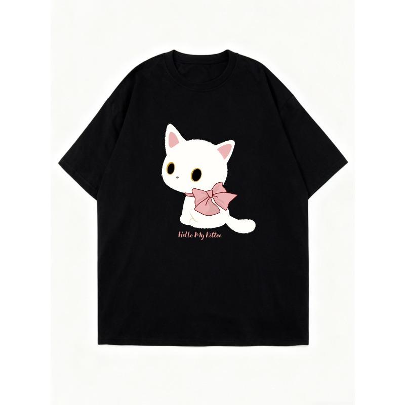 Oversized T Shirt Black Cute White Cat With Pink Bow And Hello My Kitten Text Graphic Print Casual Wear For Women Summer Outfit Streetwear Fashion