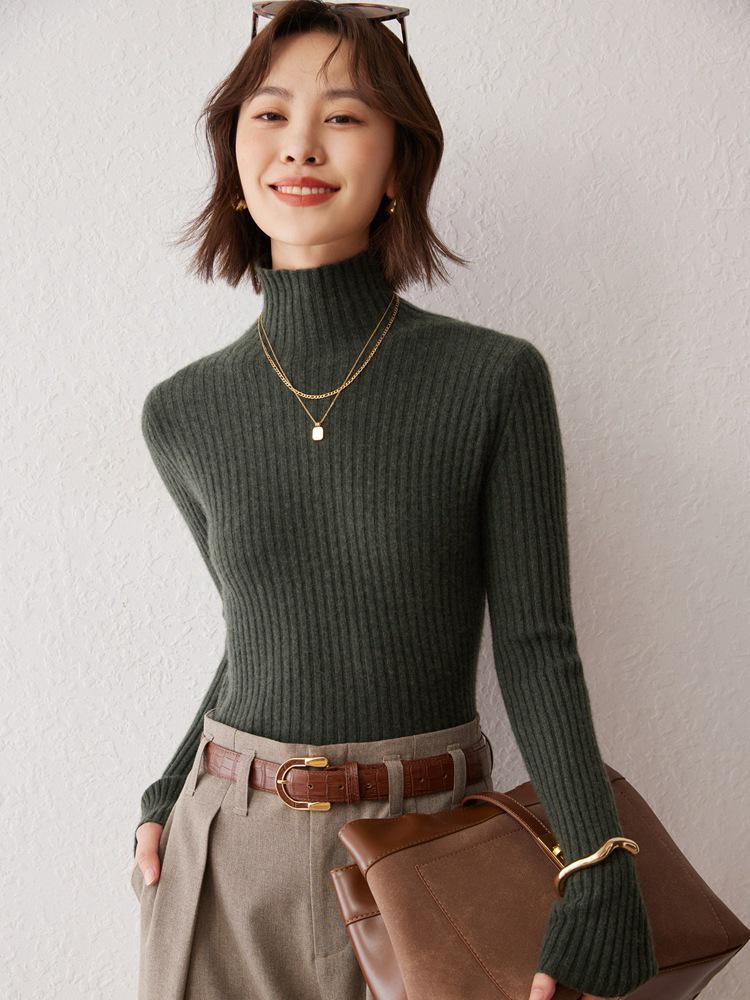 Women's Pure Cashmere High Neck Ribbed Pullover Sweater