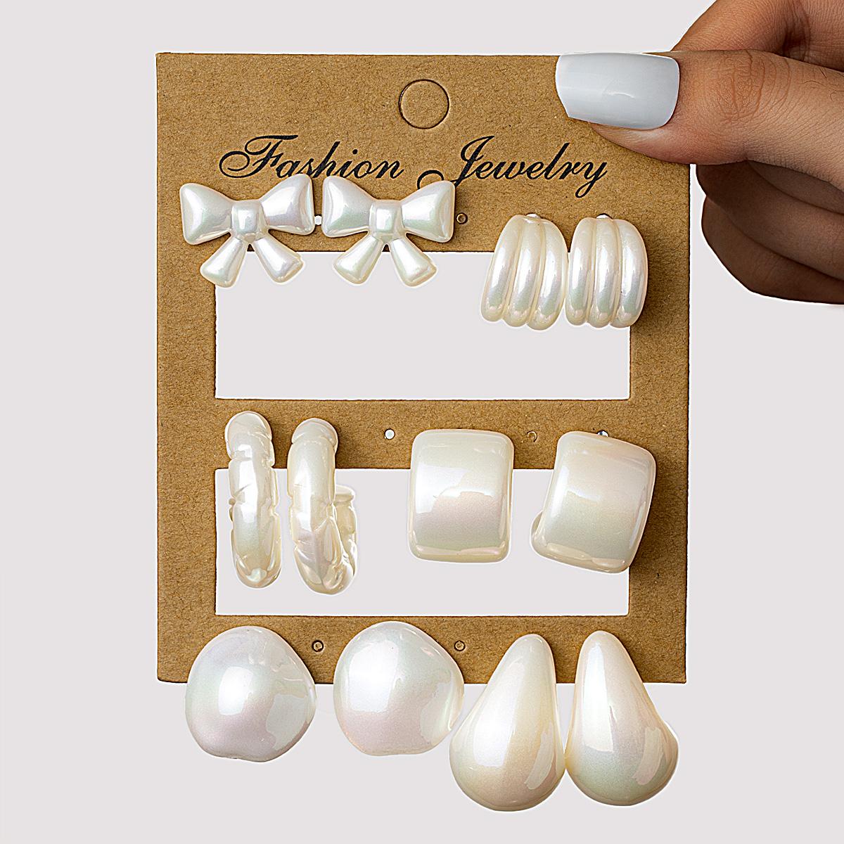 

6 pairs of simple and elegant imitation pearl bow geometric spiral water droplet U-shaped earring set