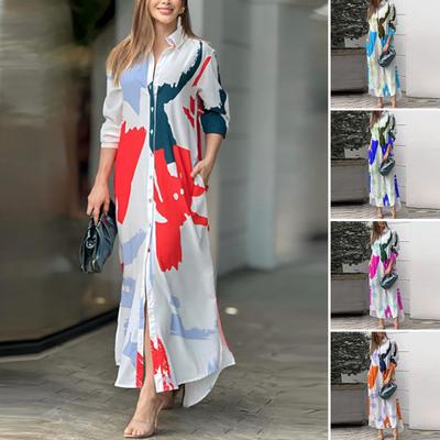 Maxikleid für Damen, farblich passender Aufdruck, Umlegekragen, einreihig, lange Ärmel, locker, unregelmäßiger Saum, lässiges Urlaubs-/Strandkleid für den Alltag