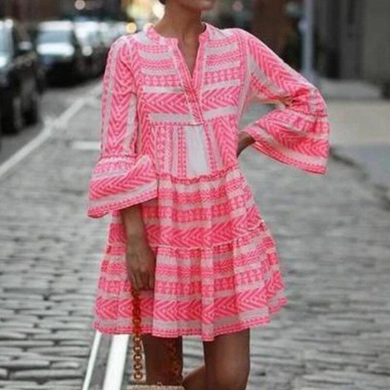 Women Summer Beach Chiffon Dress Casual Long Sleeve Polka Print Dress Boho Mini Party Dress Elegant V Neck Sundress
