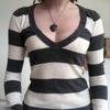 Women's V Neck Long Sleeve Horizontal Stripe Slim Fit Flared Cuff Knit Sweater Top