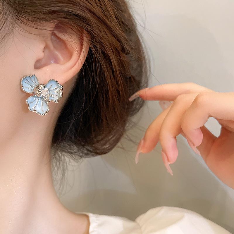 Luxury Dripping Oil Flower Earrings Korean Rhinestone Crystal Stud Earrings For Girls Women Trendy Jewelry Party Accessories