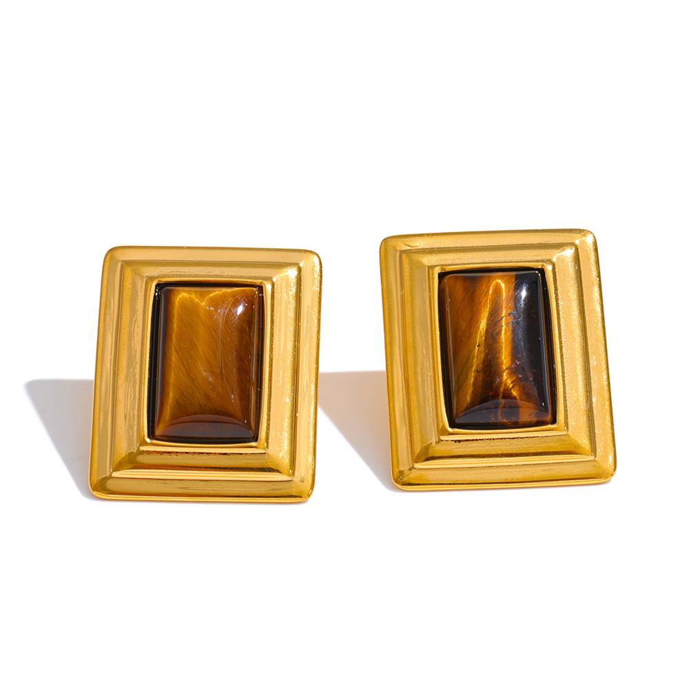 

Yhpup Stainless Steel Tiger Stone Square Stud Earrings for Women PVD Plated High Quality Vintage Fashion Jewelry Prevent Allergy