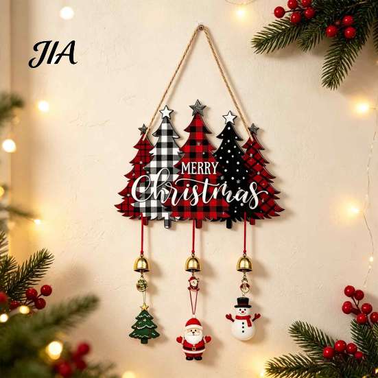 Indoor Holiday Party Supplies Merry Christmas Wooden Wall Door Hanging Sign with Bells, Rustic Santa Snowman Decor Tree Reindeer Decorative