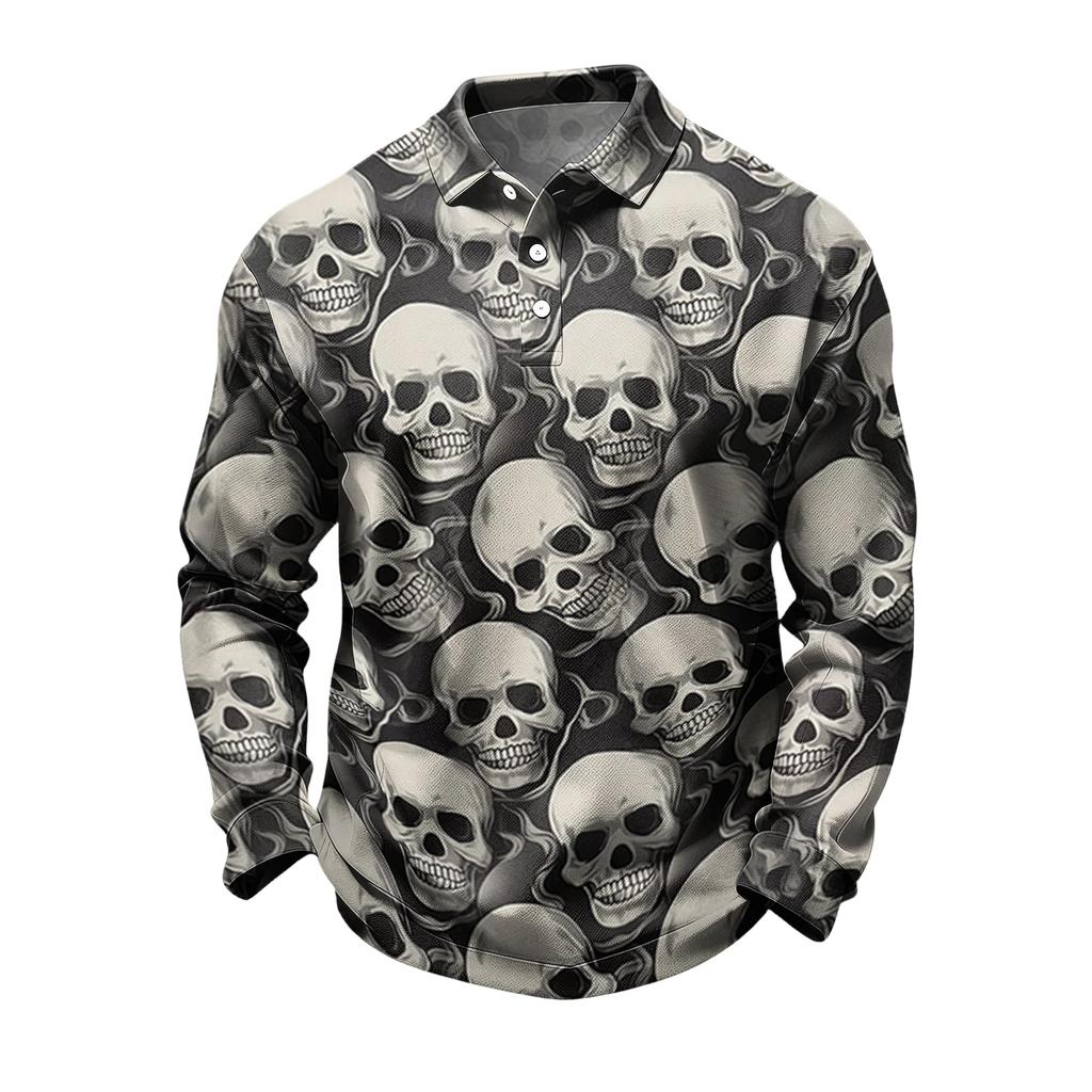 Herren Schnelltrocknendes Mesh Langarm Golfshirt mit Halloween-Print für Freizeitkleidung