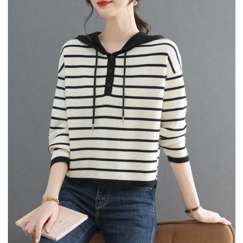 Women S Loose Fit Hooded Striped Pullover Knit Sweater Casual Top